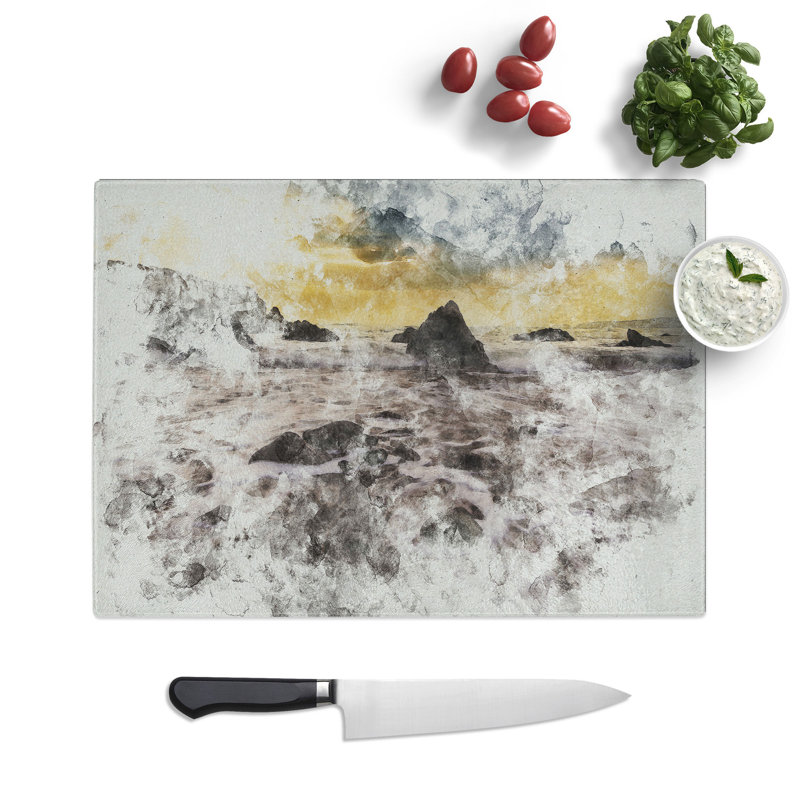 Beach and Rocks Watercolour Chopping Board, 0.4cm H x 20cm W x 28.5cm L