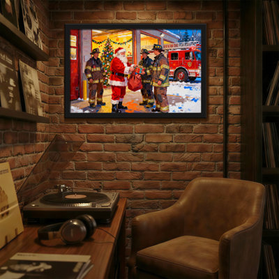 Noël, le père Noël visite la caserne des pompiers avec des cadeaux