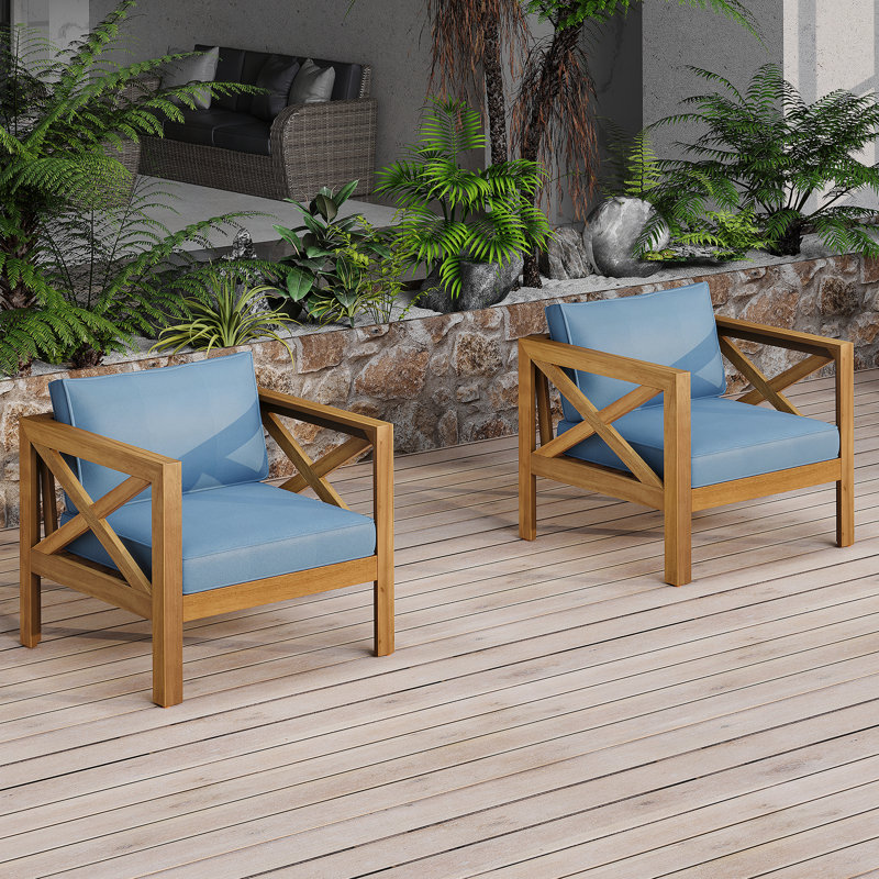 Fauteuil club d'extérieur en bois d'acacia avec coussins (ensemble de 2), ensemble conversation, finition teck, coussin bleu