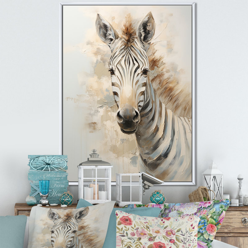 Reproduction d'art sur toile zèbre beige et doré, Cadre flottant blanc, H 40 po x l 30 po