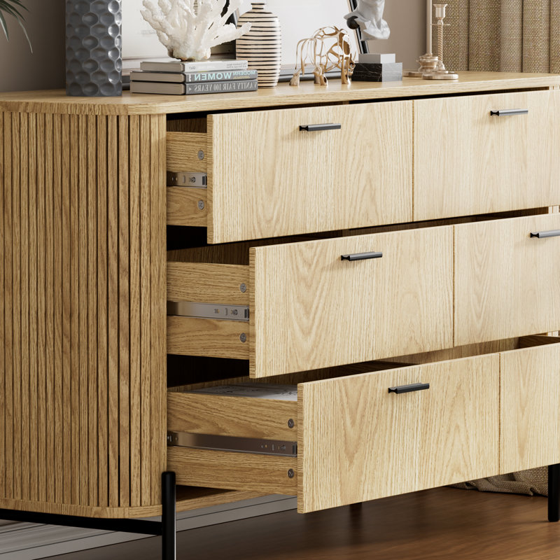 Commode à 6 tiroirs cannelés pour chambre à coucher, commode Mid-Century moderne de 47 po avec profil incurvé
