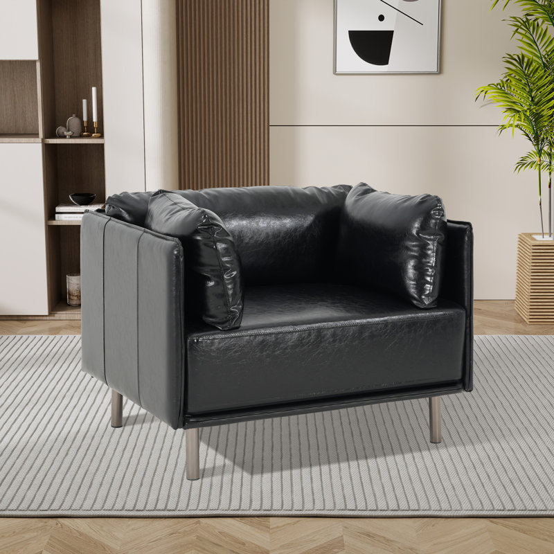 Vintage Faux Leather Square Arm Accent Chair, Black Faux Leather