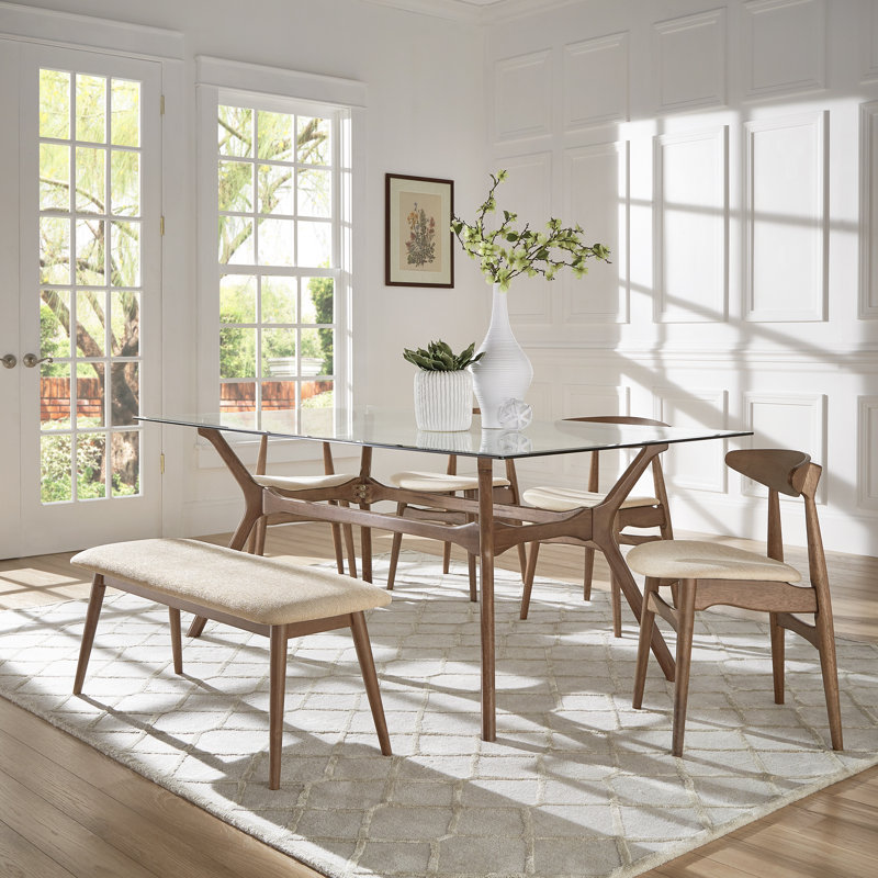 Arne Mid-Century 72" Glass Top Walnut Finish Rectangular Table Dining Set - Beige Fabric Chairs And Bench, 6-Piece