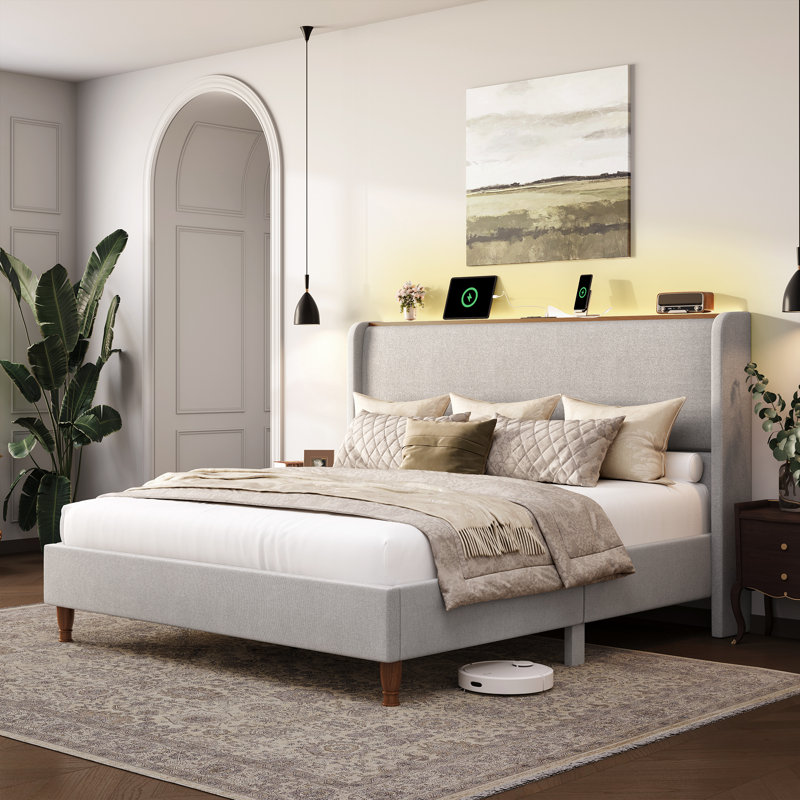 Linen Upholstered Platform Bed Frame With Led Lights And Charging Station, Tall Wingback Headboard And Storage Shelf, King