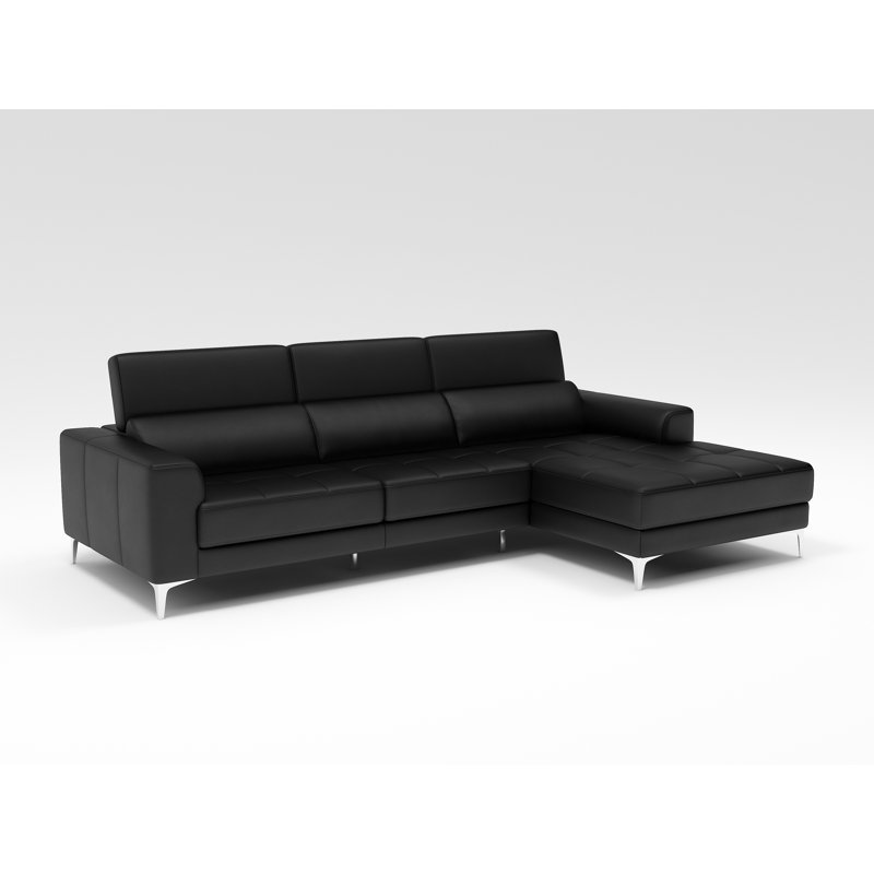 109.5" Black Genuine Leather Round Arm Sectional Sofa with Left Chaise, Right Hand Facing, Silver, Black Genuine Leather
