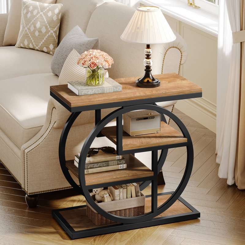 Table de bout à 4 niveaux en bois et métal, Marron clair, Noir