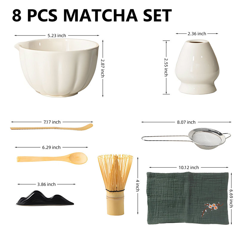 Ensemble matcha 8 pièces de qualité supérieure avec bol en céramique et fouet en bambou - ensemble complet pour débutants (blanc)