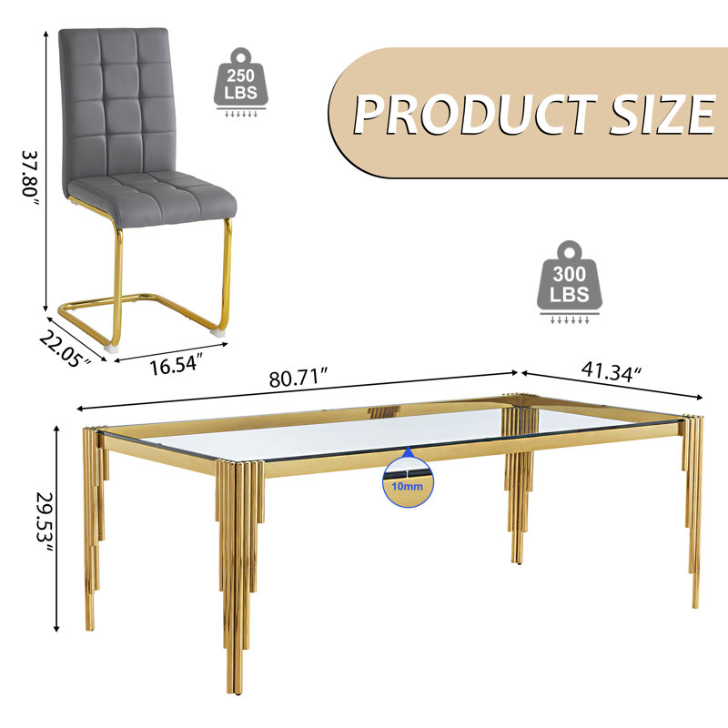 7-Piece Dining Set, 80" Extra Large Rectangular Tempered Glass Dining Table With Stainless Steel Round Tube Legs, 6 PU Leather Dining Chairs With C-Shaped Stainless Steel Base