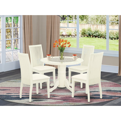 Ensemble de salle à manger 5 pièces comprenant une table de cuisine ronde avec pied central et 4 chaises de salle à manger rembourrées en tissu lin blanc, 107 x 107 cm