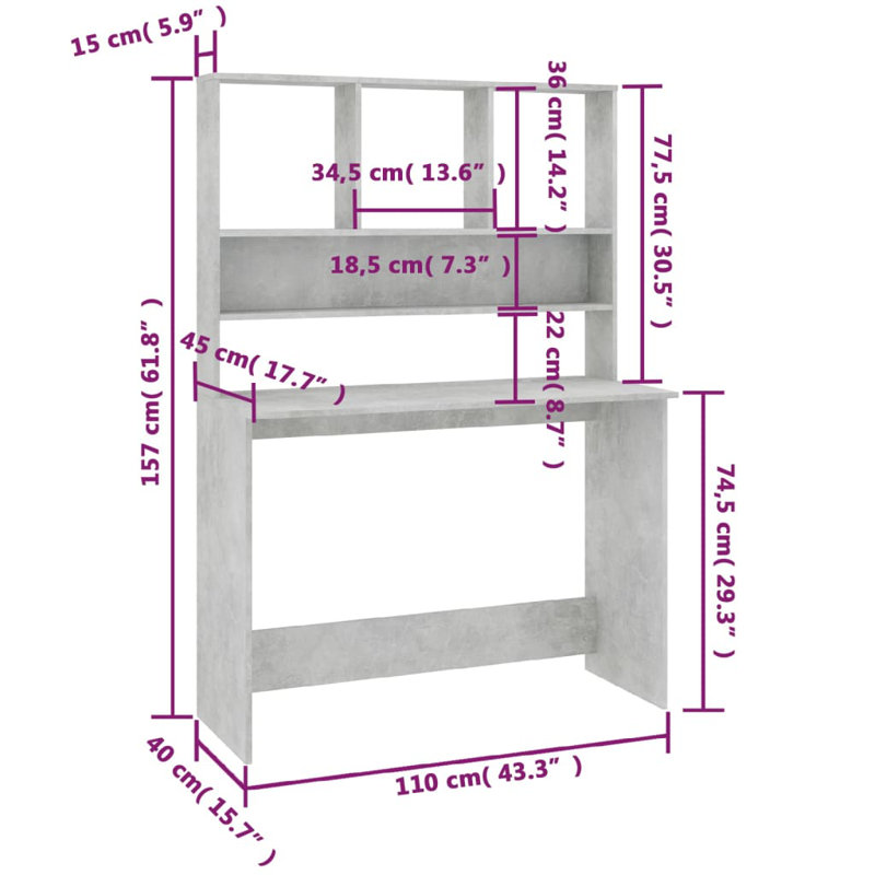 Bureau d'ordinateur avec tablettes Charlsea, Gris clair