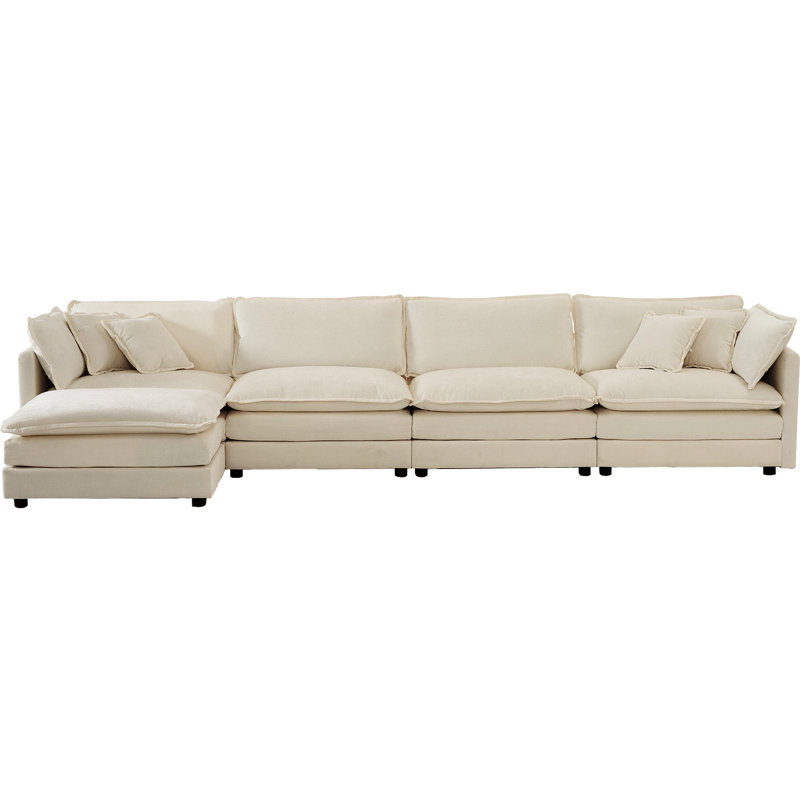 Canapé modulaire rembourré - Bois massif, tissu chenille beige en forme de U: convertible 5 places avec et