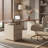 Modern Desk with 3 Drawer Storage, 63" Walnut Wood Top with Asymmetric Cream Base for Office-1292580342