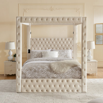 Canopy Bed Frame King Size, Velvet Upholstered Platform Bed with Button Tufted Headboard, Built-in Bluetooth Speaker, USB-A & USB-C Charging Ports, Heavy Duty Mattress Foundation