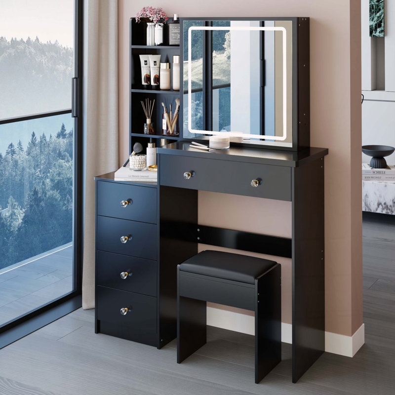 Table de coiffeuse avec miroir à DEL coulissant, prise de courant et tabouret, Noir
