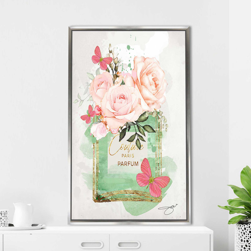 «Parfum Bottle, Flowers & Butterflies (Green 1)» par By Jodi - impression, H 43,5 po x l 27,5 po x P 2 po