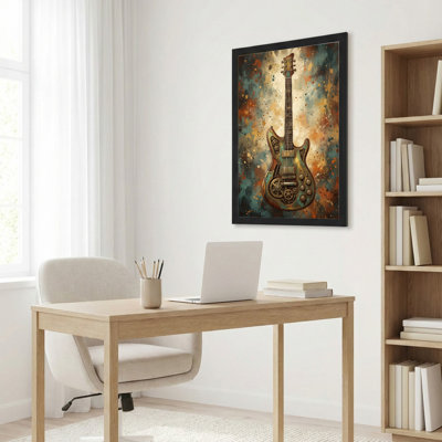 Art mural sur toile noir encadré pour le salon, la chambre à coucher, le bureau ou le vestibule - décoration murale décorative avec guitare Steampunk