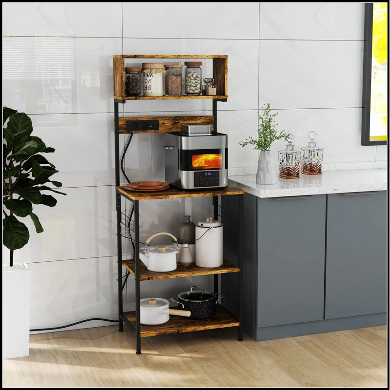 Kitchen Bakers Rack with Power Outlets, USB Chargers, Adjustable Shelves, and Hooks for Modern Storage and Organization