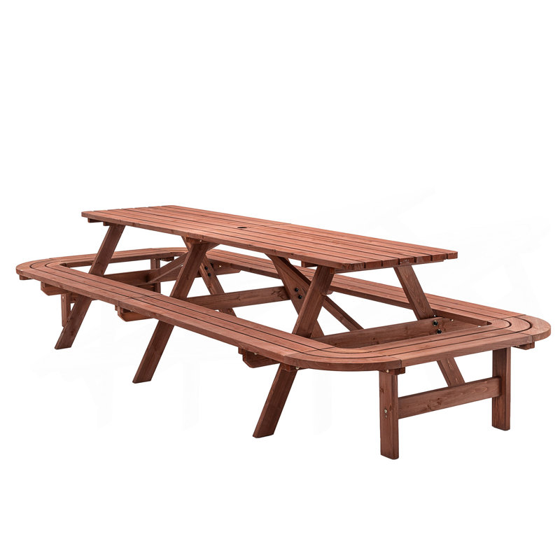 Grande table de pique-nique d'extérieur avec bancs pour 14 à 16 personnes, avec trou de parasol et fabrication en bois résistant aux intempéries.