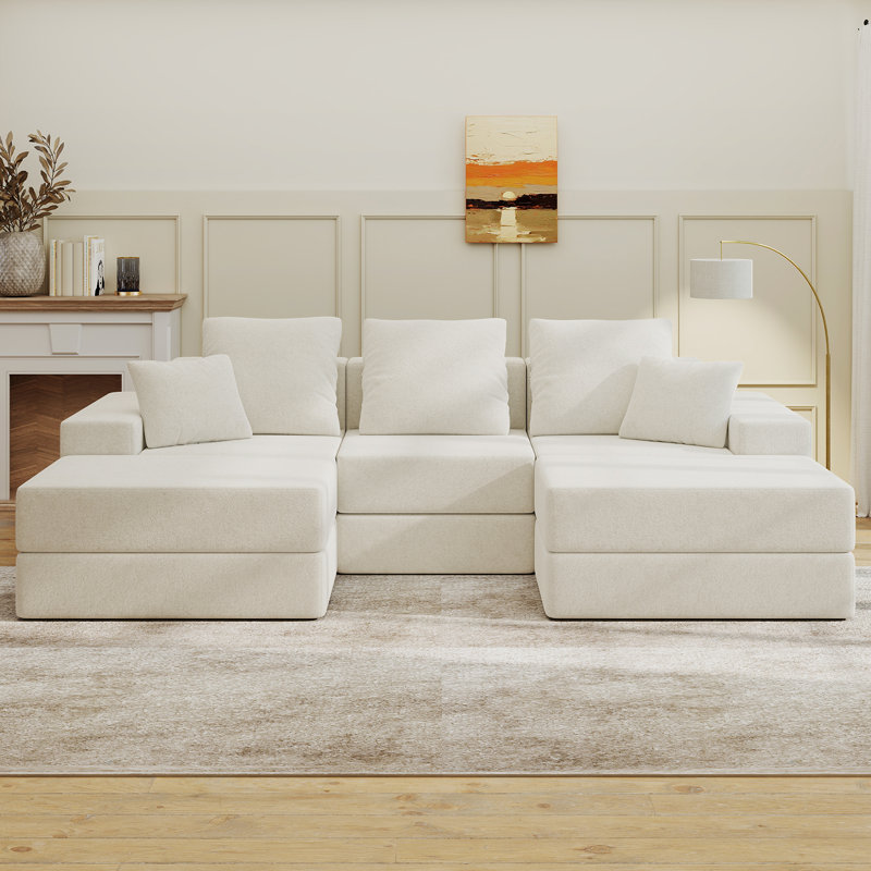 Boneless 101" W Sectional Couch Reversible Pull-Out U-Shaped Modular Sectional Sofa with Ottomans Living Room Set