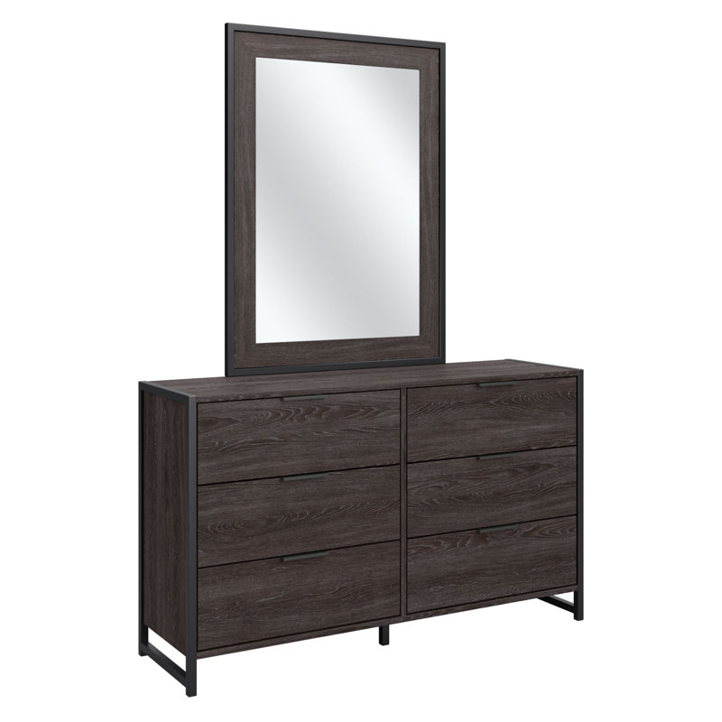 Spero 6 Drawer 57" W Double Dresser with Mirror, Charcoal Gray