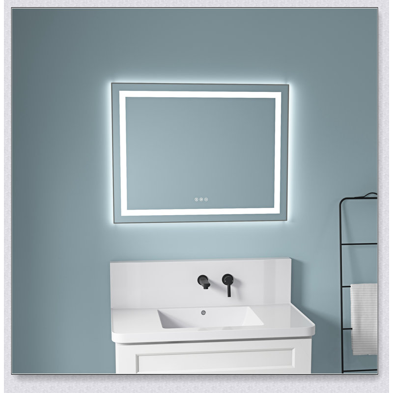 Miroir de salle de bain à DEL avec façade et rétroéclairage, miroir de meuble-lavabo mural avec cadre en aluminium, antibuée, mémoire, 3 couleurs, gradation continue
