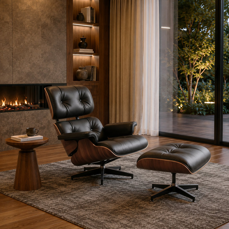 Chaise longue pivotante en cuir véritable et bois massif avec repose-pieds et accoudoirs pour le salon, Noir / brun noyer