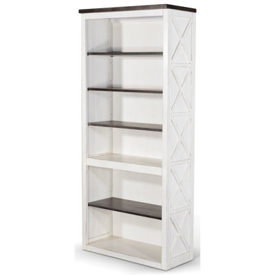Zena Bookcase, X Cross Panels, 76 Inch White, Brown Veneer