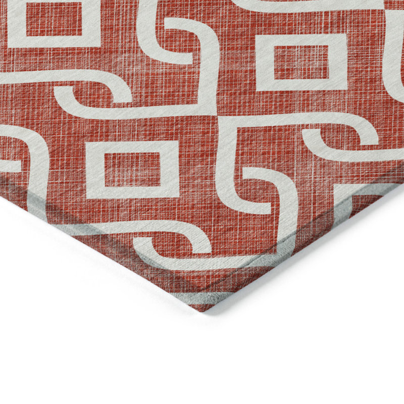 3' X 5' Red And Ivory Geometric Washable Indoor Outdoor Area Rug
