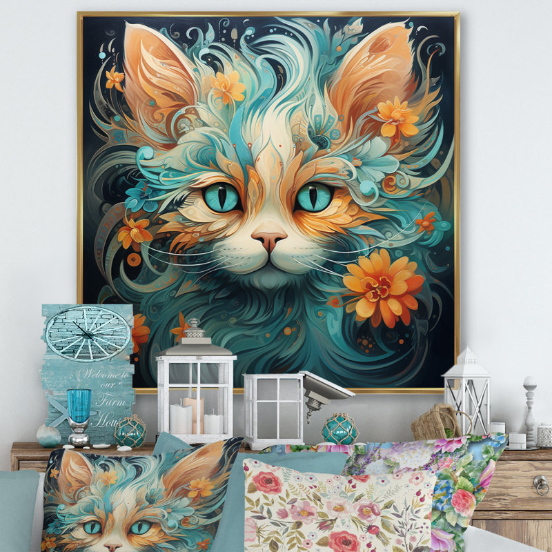 Magique ambre et chat sarcelle avec fleurs I sur toile, H 30 po x l 30 po, Cadre flottant doré