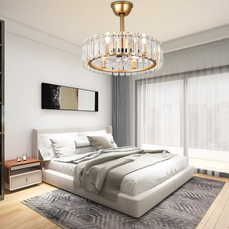 Modern Crystal Fandelier Ceiling Fan With Lights Gold Chandelier Fan For Dining Room Bedroom, 20.7 Inch, 6-Speed, Gold