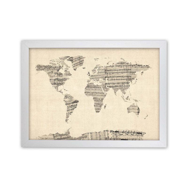 Sheet Music Map of the World by Michael Tompsett - 1 Piece Wall Art, 34cm H x 46cm W x 3cm D, White Framed