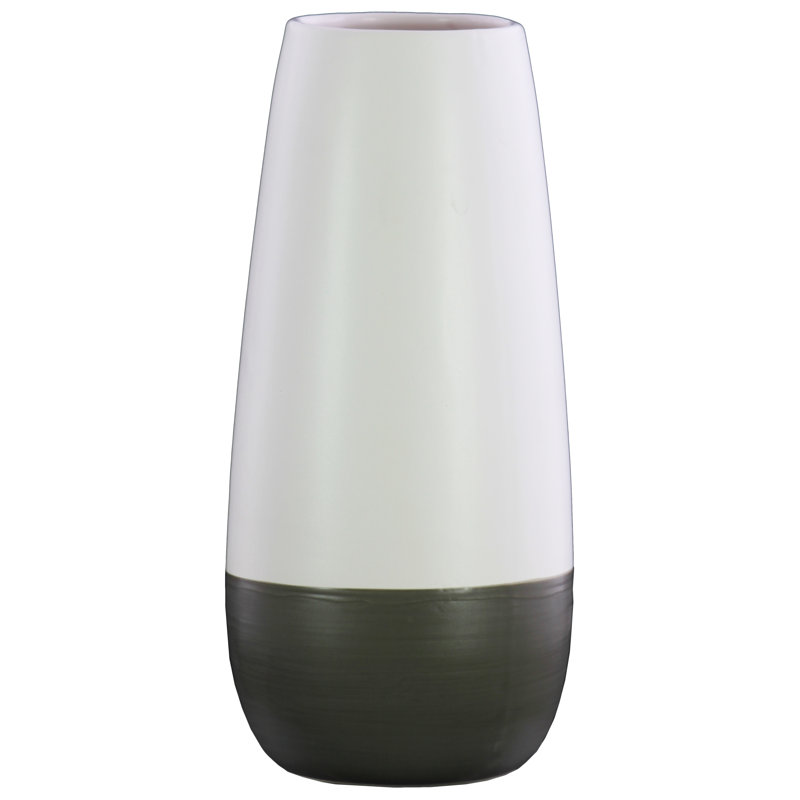 Stoneware Cylinder Vase with Tapered Bottom on Grey Banded Rim Base LG Matte Finish White, 12.5" H x 5.75" W x 5.75" D