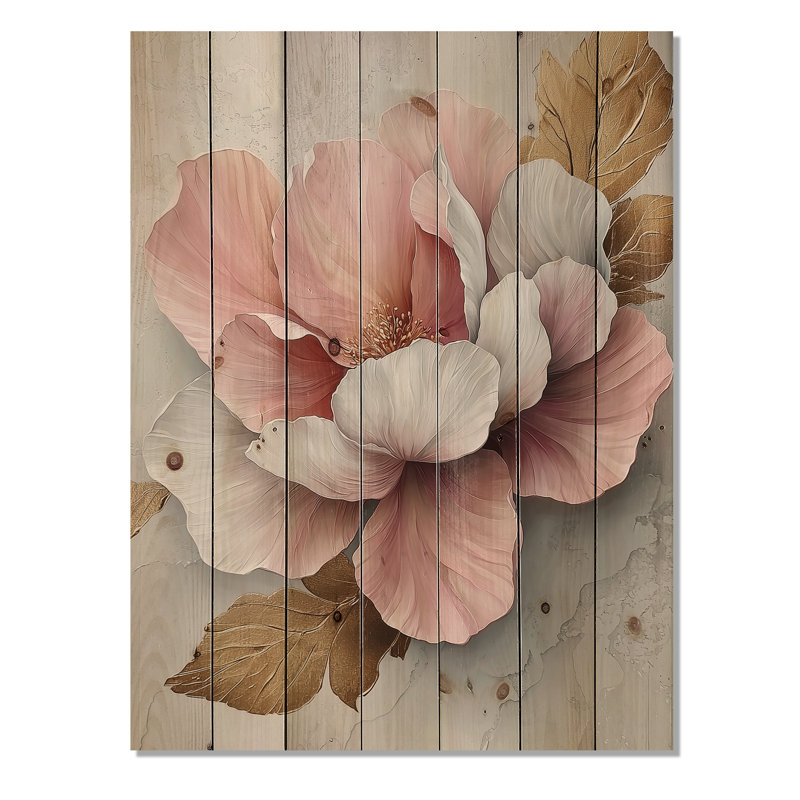 White And Pink Marble Peonies Elegance II - Peonies Wood Wall Decor - On Natural Pine Wood, 40" H x 30" W x 0.78" D
