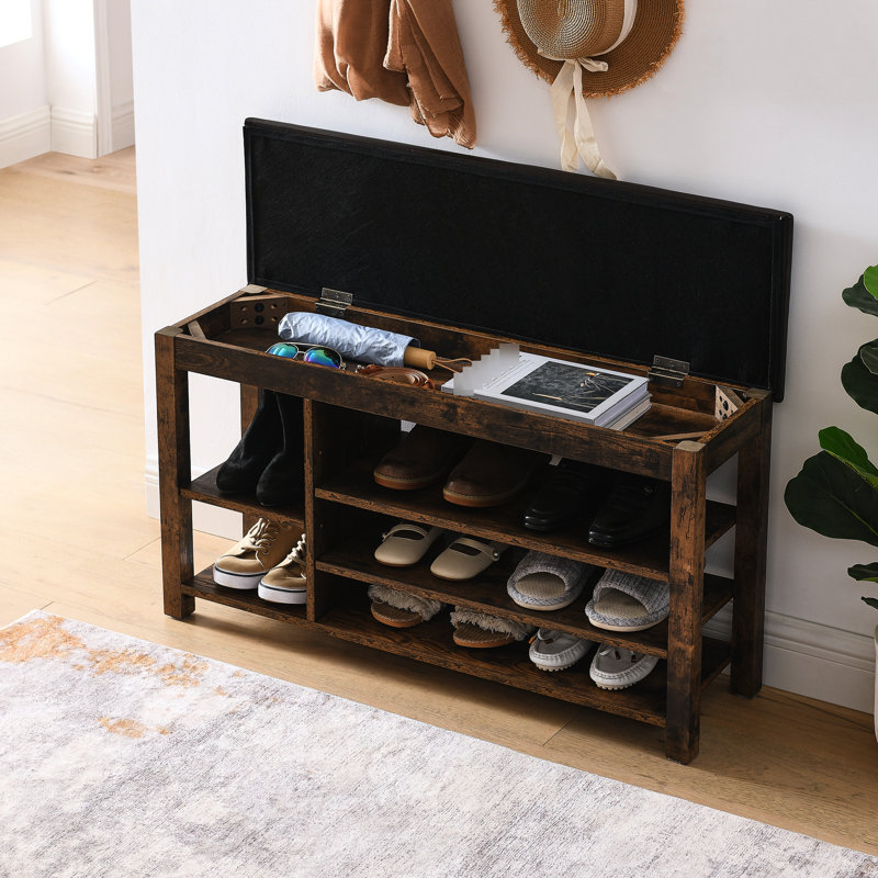 Adjustable Height Long Bench, Rubberwood Frame, Comfortable Pu Leather And Sponge Seat, Concealed Storage Design, Three Layers Of Ventilation Storage, Solid Wooden Legs, 22" Product Height, 33.7Kgs