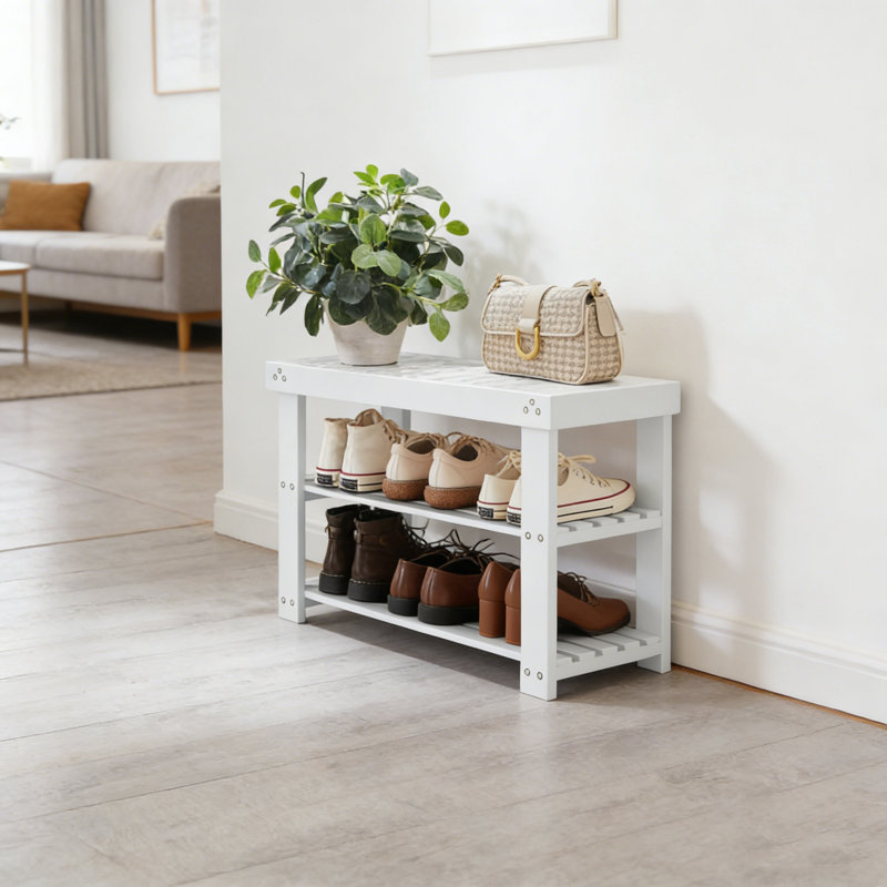 Bamboo Shoe Bench With 3-Tier Storage, White