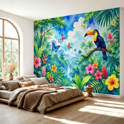 Wall Mural Peel and Stick Wallpaper Tropical Jungle Colorful Toucan Butterflies Vibrant Flowers Self-Adhesive Removable Contact Paper Wall Decor for Living Room Bedroom 69"H x 96"W
