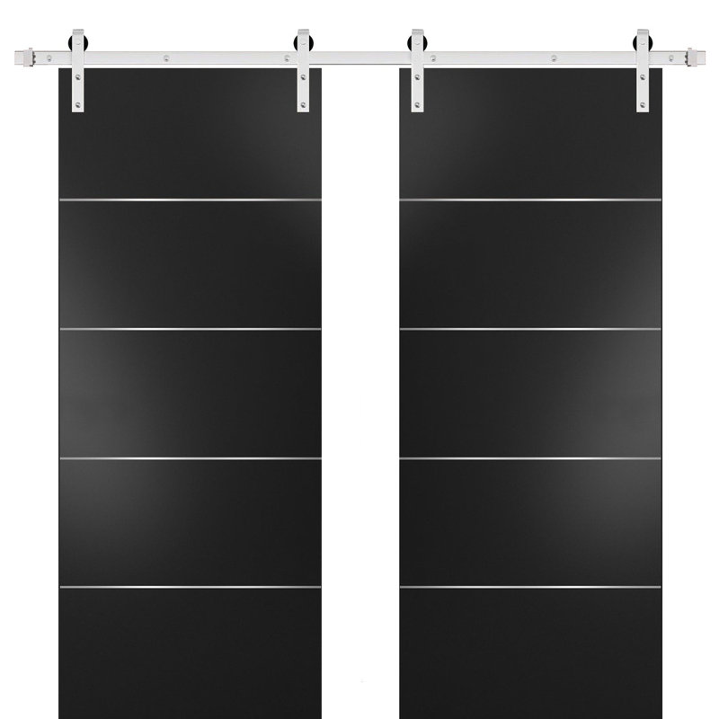 Planum Wood Sturdy Interior Barn Black Doors with Installation Hardware Kit, 56" x 80", Silver