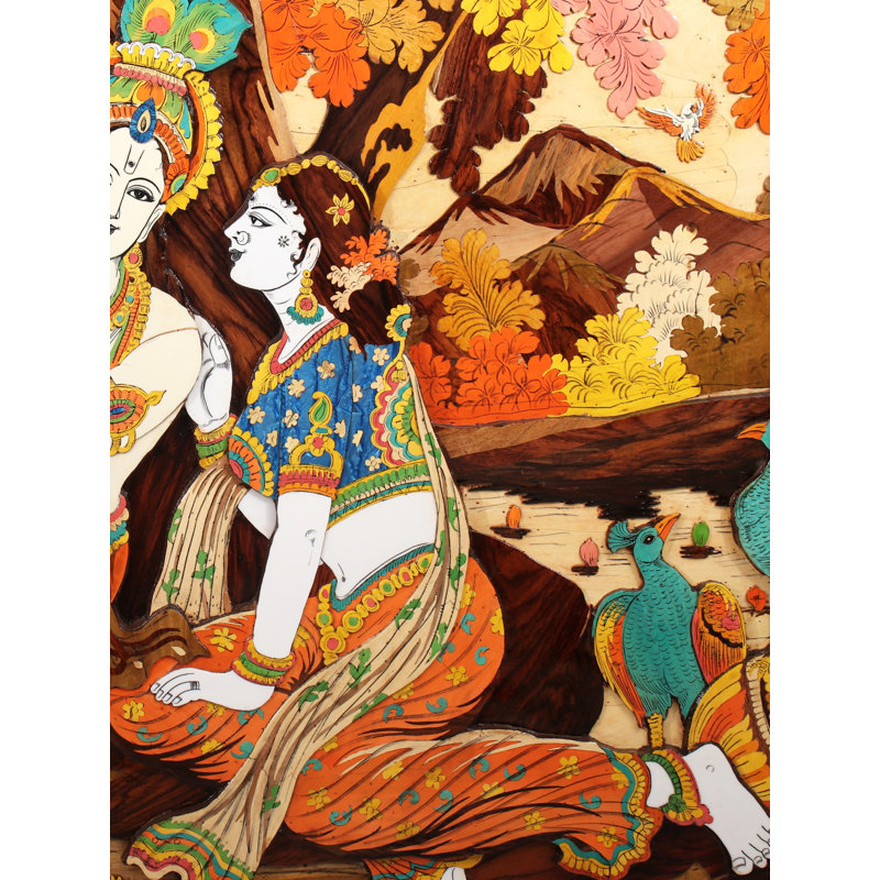 Superbe 96 "Radha Krishna avec vue de Vrindavan | Panneau 3D coloré en bois de rose avec incrustations