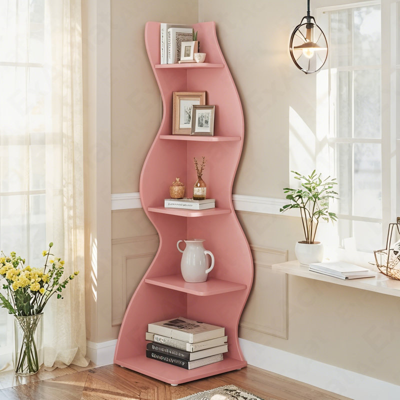 Étagère d'angle à 5 niveaux, bibliothèque murale d'angle moderne, Rose