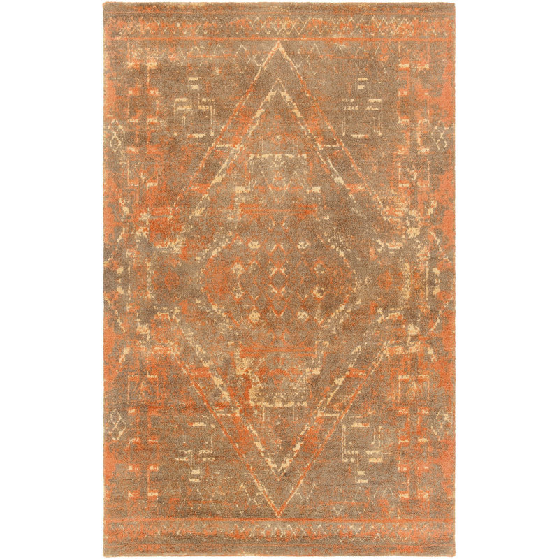 Tapis touffeté à la main à motif de médaillon en laine brun et orange touffeté à la main Statesboro