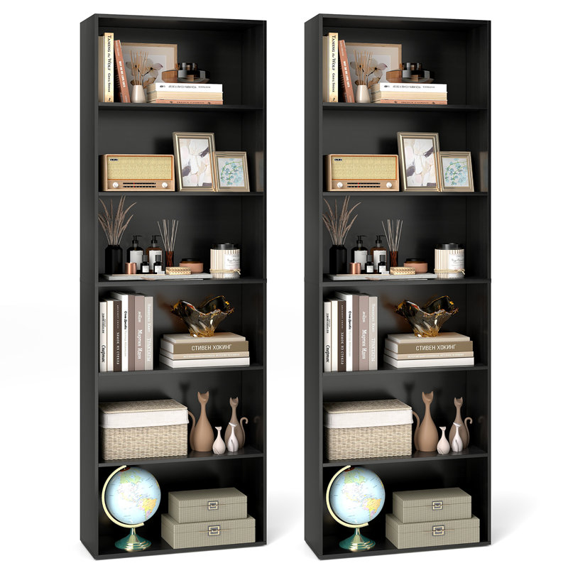 2 pièces 70 po avec bibliothèque à 6 niveaux avec 6 tablettes ouvertes, Noir