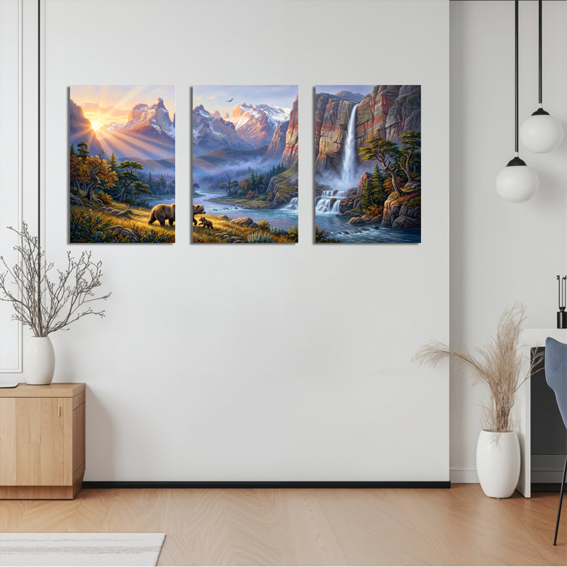 Ensemble de 3 tableaux sur toile représentant un paysage de montagne avec un ours et une cascade, 1218