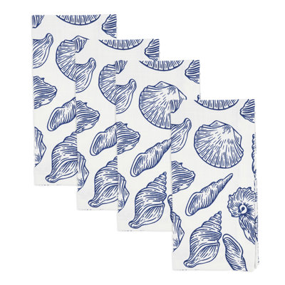 Ensemble de 4 serviettes de table en tissu de coton blanc et bleu à motif de coquillages l 20 po x L 20 po