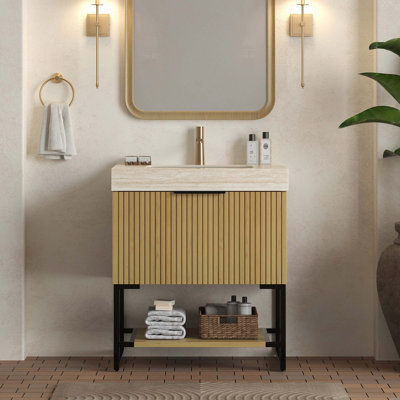 30-Inches Bathroom Vanity & Sink, Freestanding Striped Plywood Storage Cabinet With Drawer & Open Shelf, Sintered Stone Top & Undermount Ceramic Basin, Pre-Assembled