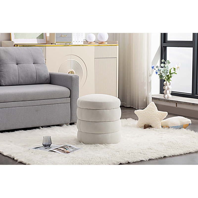 Soft Round Ottoman Footrest Stool, Ivory Velvet