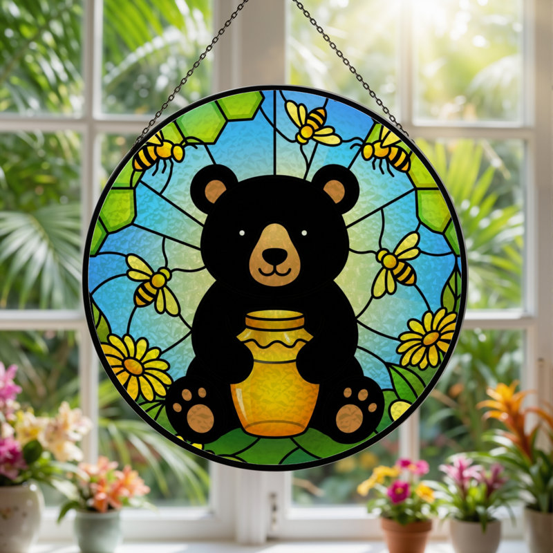 7.8"H Bear Hive Stained Glass Window Panel, 7.8" H x 7.8" W
