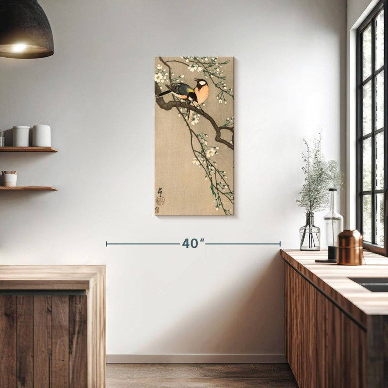 Oiseaux chanteurs sur une branche de cerisier, H 36 po x l 18 po