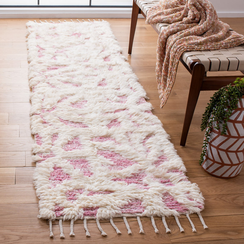 Tapis ivoire / rose en laine noué à la main Driden, Tapis de couloir 2 pi 3 po x 8 pi