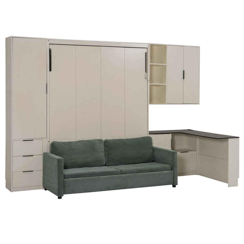 Grand lit escamotable mural avec rangement hydraulique, canapé, tablettes et tiroirs, éclairage DEL / USB, panneau beige, canapé