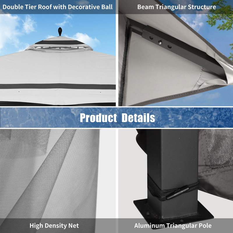 13 Ft x 11 Ft Gray Steel Patio Gazebo with Netting and Curtain